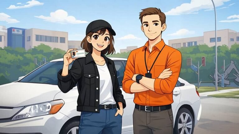 image show a young girl pass her driving test and standing with her instructor. Best driving school in Melbourne